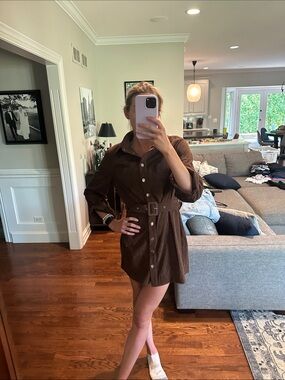 Brown Button-Front Belted Shirt Dress